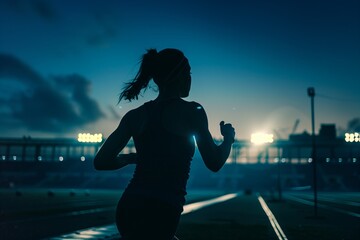 Female Athlete in Night Stadium Running Silhouette