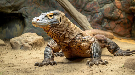 Obraz premium The entire body of a giant wild Komodo dragon walks on the soil ground against a backdrop of trees and forests