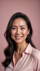 Obraz premium Fit and beautiful 45 year old asian american woman, smiling, regular fit, casual pink shirt, transparent pastel pink background