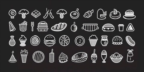 Food Elements Icons Set Vegetables, Fruits, Drinks, Restaurant Wall Decor - AI Generated