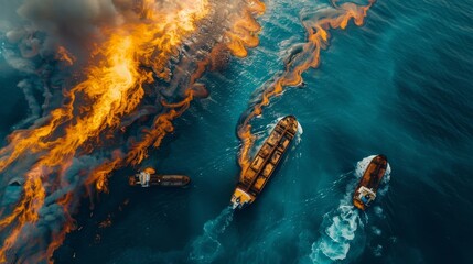 Dramatic aerial shot captures a shipwreck ablaze in the ocean, with rescue boats nearby and contrast of fire and water