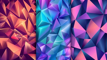 Fototapeta premium Abstract polygonal backgrounds with stripy triangles and 3D cubes Vector designs set for advertising covers or banners Retro style graphic elements
