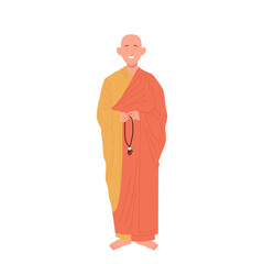 Buddhist monk prayer isolated cartoon character wearing traditional clothing holding rosary beads