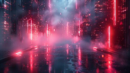 Fototapeta premium A futuristic city at night, with neon lights reflecting in the wet streets, and a misty, vaporwave aesthetic.