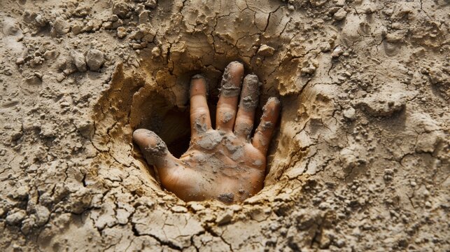 A hand sticking out of a hole in the ground, AI