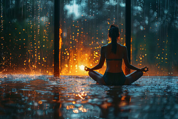 Obraz premium A person practicing yoga indoors with rain softly hitting the windows. Concept of mindfulness and inner peace on a rainy day. Generative Ai.