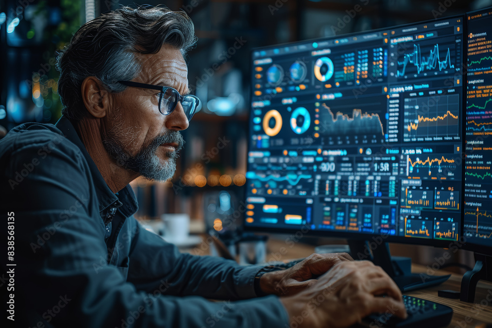 Poster a businessman analyzing financial reports on a computer screen. concept of financial analysis and da