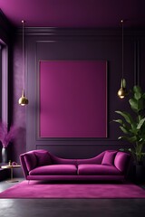 Luxury living room with magenta and deep violet lounge furniture, dark wall

