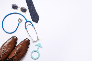 Shoes, dumbbells, stethoscope and male sign isolated on white background. Prostate cancer awareness