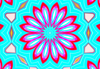Abstract, kaleidoscopic pattern with a bright floral motif dominates the center, set against a turquoise background with geometric shapes