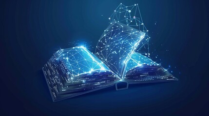 Artificial intelligence creating an ebook with polygonal design of interconnected lines and points on a blue background