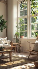 Farmhouse Living Room. Stylish Interior Design Background. Generative AI.