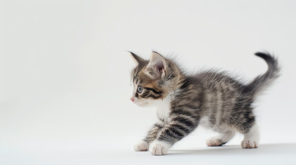 Playful kitten in a moment of curious exploration, white background.