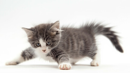 Playful kitten in a moment of curious exploration, white background.
