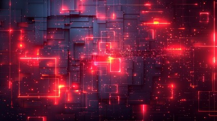 An abstract digital artwork featuring a vibrant red neon grid against a dark background.