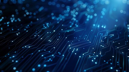 Abstract background with digital glowing lights and circuit board wall underwater elements on a dark blue background, high quality 3D rendered illustration of an abstract futuristic technology