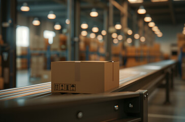 A cardboard box on a conveyor belt.