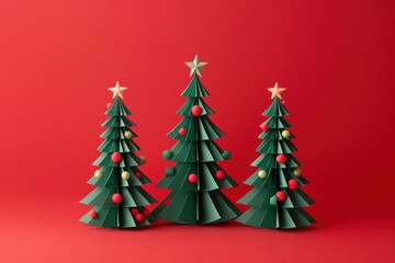 Fototapeta premium Three festive christmas trees on red background with merry christmas and happy new year copy space for holiday greetings and celebrations
