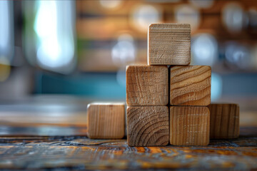 Wooden blocks laid out in a chessboard pattern, representing planning and strategic thinking, with a focused foreground and blurred background.. AI generated.
