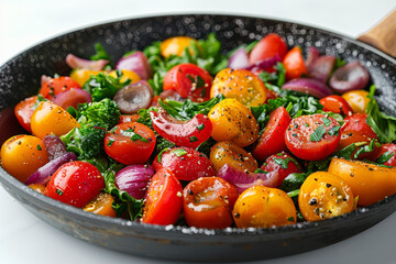 A colorful veggie stir-fry in a pan, representing healthy cooking. Concept of nutrient-dense meals. Generative Ai.