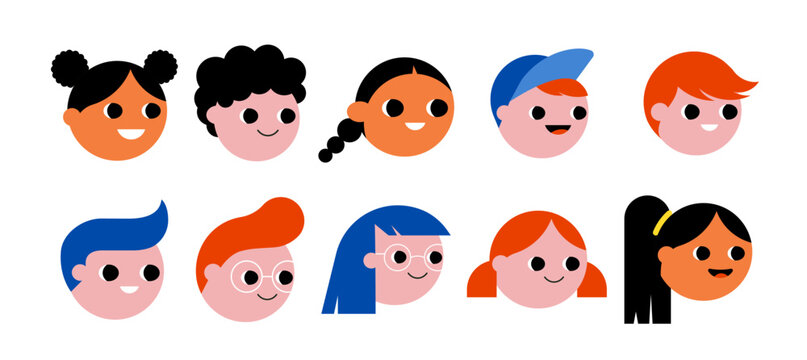 Naklejki Kids face icons, collection of children avatars, illustrations. Flat geometrical style illustration