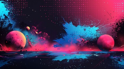 An abstract digital art piece featuring two planets, one pink and one blue, set against a dark background with splashes of color.