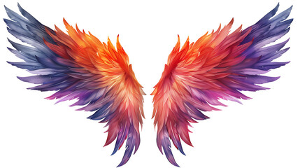 a pair of vibrant, multicolored wings. These wings exhibit a gradient of hues, transitioning from red at the top to purple at the bottom