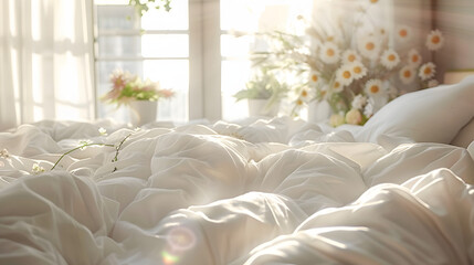 Bed Mattress and Pillows Mess up Bedroom in morning sunlight, White bedding sheets and pillow background, Messy bed after good sleep concept, with beautiful sunshine window and flowers on backgrounds.