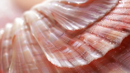 A macro shot of a perfectly smooth and polished pink seashell with subtle hints of shimmer in the light