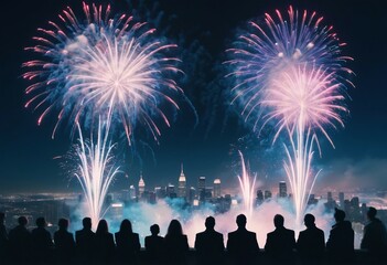 Firework celebrations in the city with silhouettes of people watching.	
