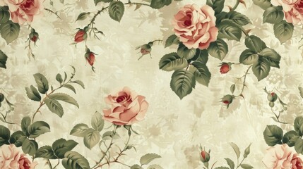 Nostalgic wallpaper with a vintageinspired pattern of English roses in a soft pink and green color scheme set against a textured cream backdrop for a charming and cozy feel