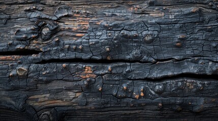 A dark weathered wood surface with deep grooves and cracks running throughout emphasizing years of exposure to the elements