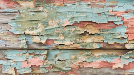 The texture of peeling paint on a wooden plank revealing different layers of faded colors and exposing the rough grain of the wood