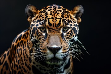 Obraz premium Mystic portrait of Amazon Jaguar in studio, copy space on right side, Anger, Menacing, Headshot, Close-up View Isolated on black background