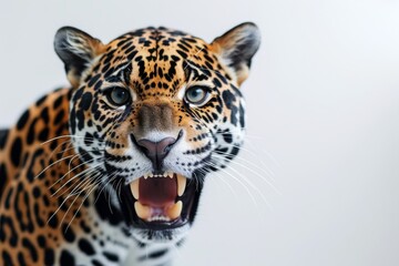 Obraz premium Mystic portrait of American Jaguar in studio, copy space on right side, Anger, Menacing, Headshot, Close-up View Isolated on white background