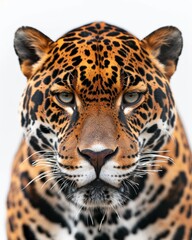 Obraz premium Mystic portrait of East African Jaguar , copy space on right side, Anger, Menacing, Headshot, Close-up View Isolated on white background