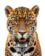 Obraz premium Mystic portrait of East African Jaguar , copy space on right side, Anger, Menacing, Headshot, Close-up View Isolated on white background