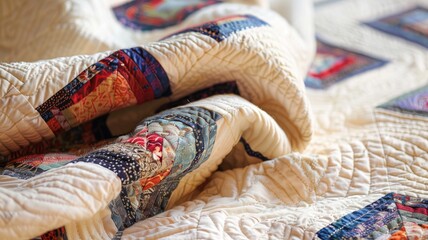 Fototapeta premium Close-up of colorful, patterned quilt with intricate stitching and vibrant fabric patches