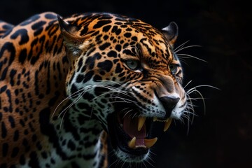 Obraz premium Mystic portrait of East African Jaguar in studio, copy space on right side, Anger, Menacing, Headshot, Close-up View Isolated on black background