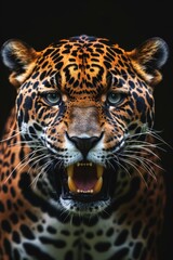 Obraz premium Mystic portrait of East African Jaguar in studio, copy space on right side, Anger, Menacing, Headshot, Close-up View Isolated on black background