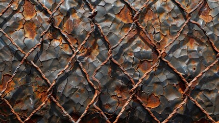 Detailed shot of rusted metal wire mesh with jagged edges and uneven surfaces