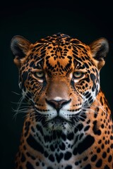 Obraz premium Mystic portrait of East African Jaguar in studio, copy space on right side, Anger, Menacing, Headshot, Close-up View Isolated on black background