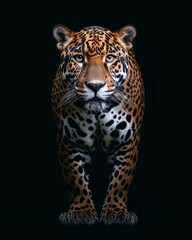 the American Jaguar, portrait view, white copy space on right Isolated on black background