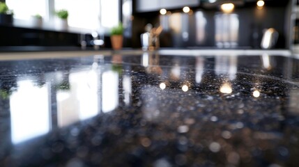 Upclose view of a polished granite kitchen island reflecting light with its smooth surface