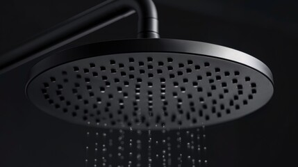The smooth and lustrous surface of a matte black showerhead with a finegrained texture that adds depth and dimension to the black color