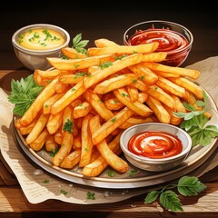 Delicious crispy golden fries made from fresh potatoes, served with dipping sauces, garnished with parsley. Perfect for food blog, restaurant website, or social media.