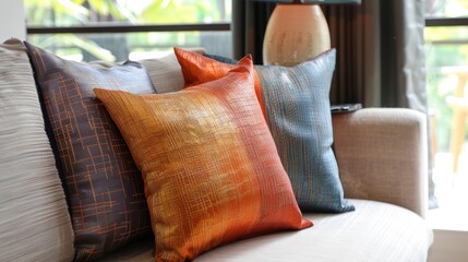 This silk cushion cover features a bold abstract design with a mix of matte and shiny threads providing a modern and sophisticated touch to any room