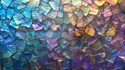 A textured closeup of a holographic film showcasing a unique blend of metallic and iridescent hues resembling a digital mosaic