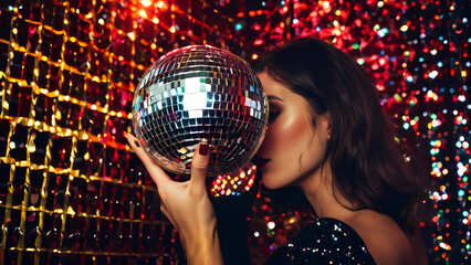 Fototapeta premium Woman Holding Disco Ball on Her Head: Party and Retro Vibes Concept 