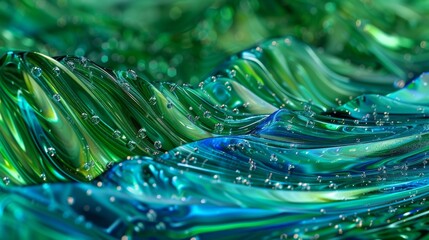A detailed image of a liquid crystal panel revealing a mesmerizing blend of sapphire blue and emerald green hues swirling and shifting together